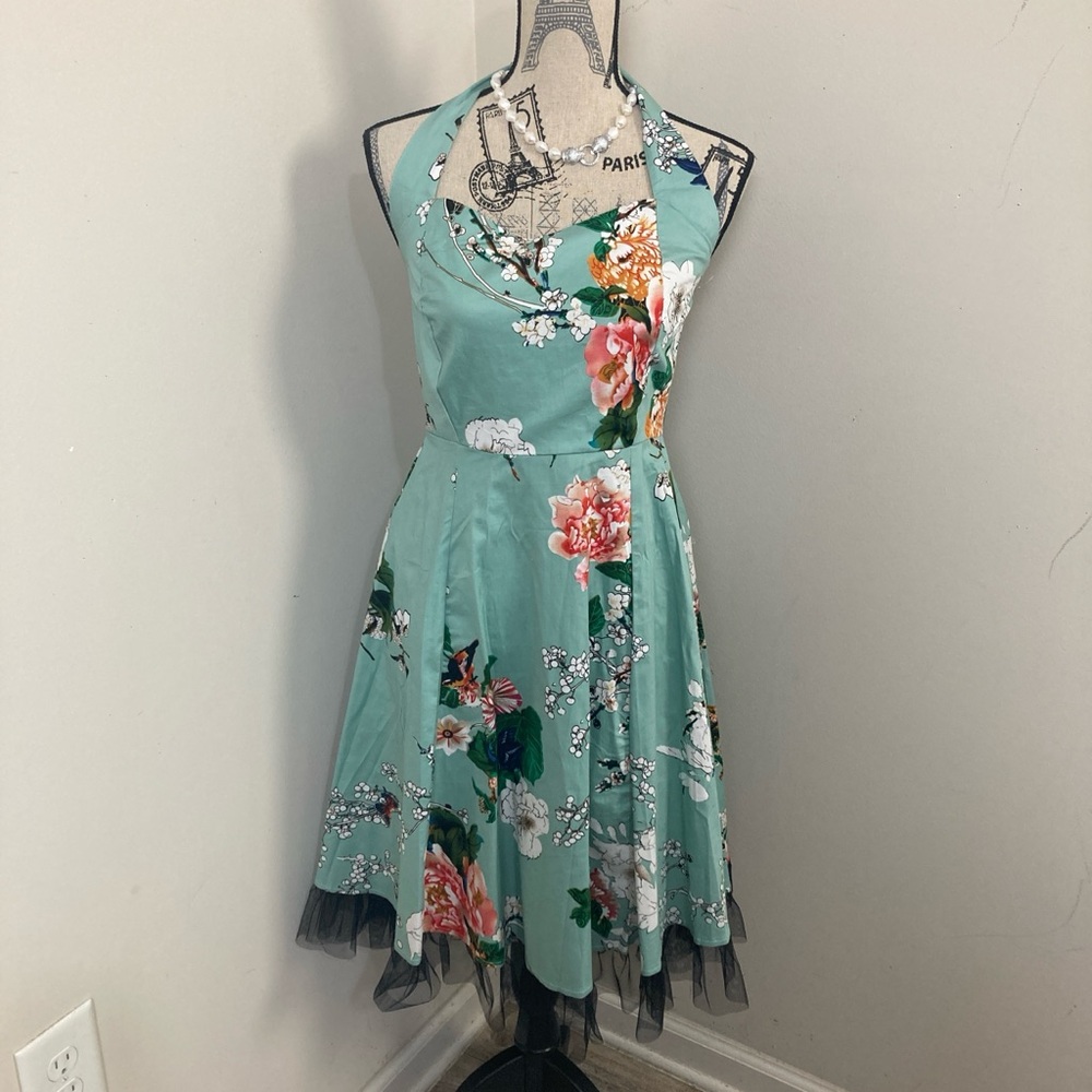 OTEN Women’s Green Floral Halter Midi Dress with Black Tulle